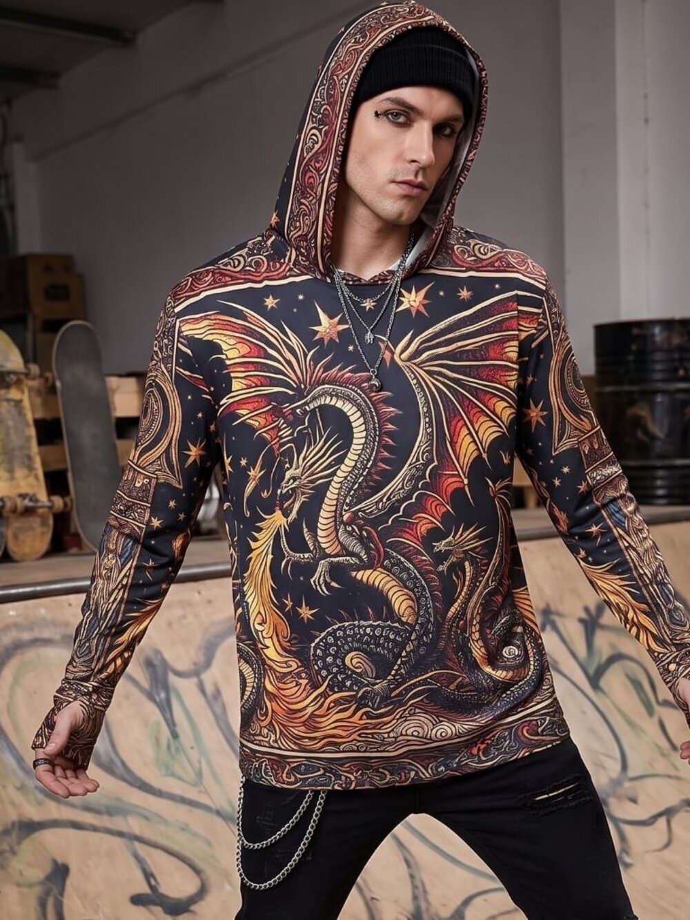 Dragon Tarot Mens Long Sleeve Shirt Hooded Sports Size XL NWT UV 50+ Thumbhole